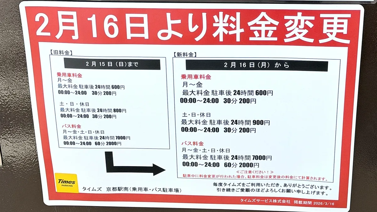 タイムズ京都駅南 2月16日から料金値上げ