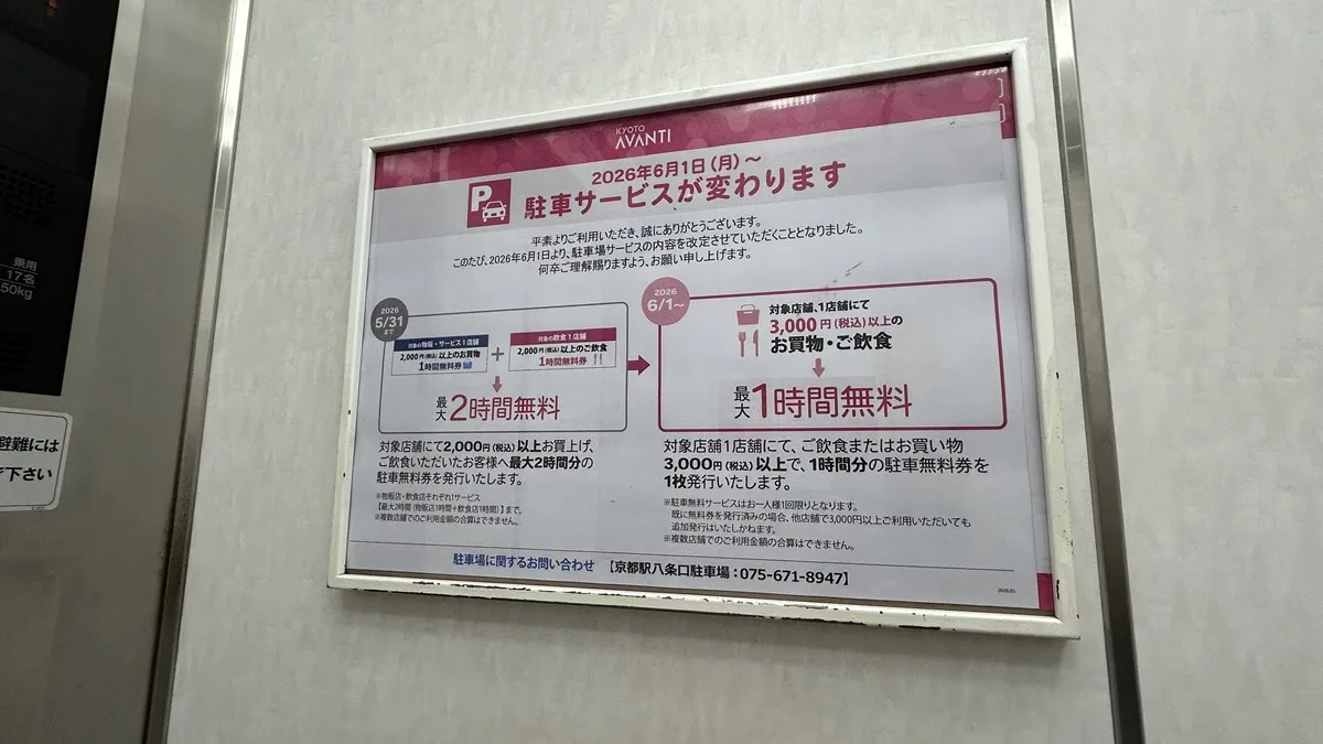 京都アバンティで、2026年6月1日(月)から駐車サービス変更。実際にポスターを見てきました。