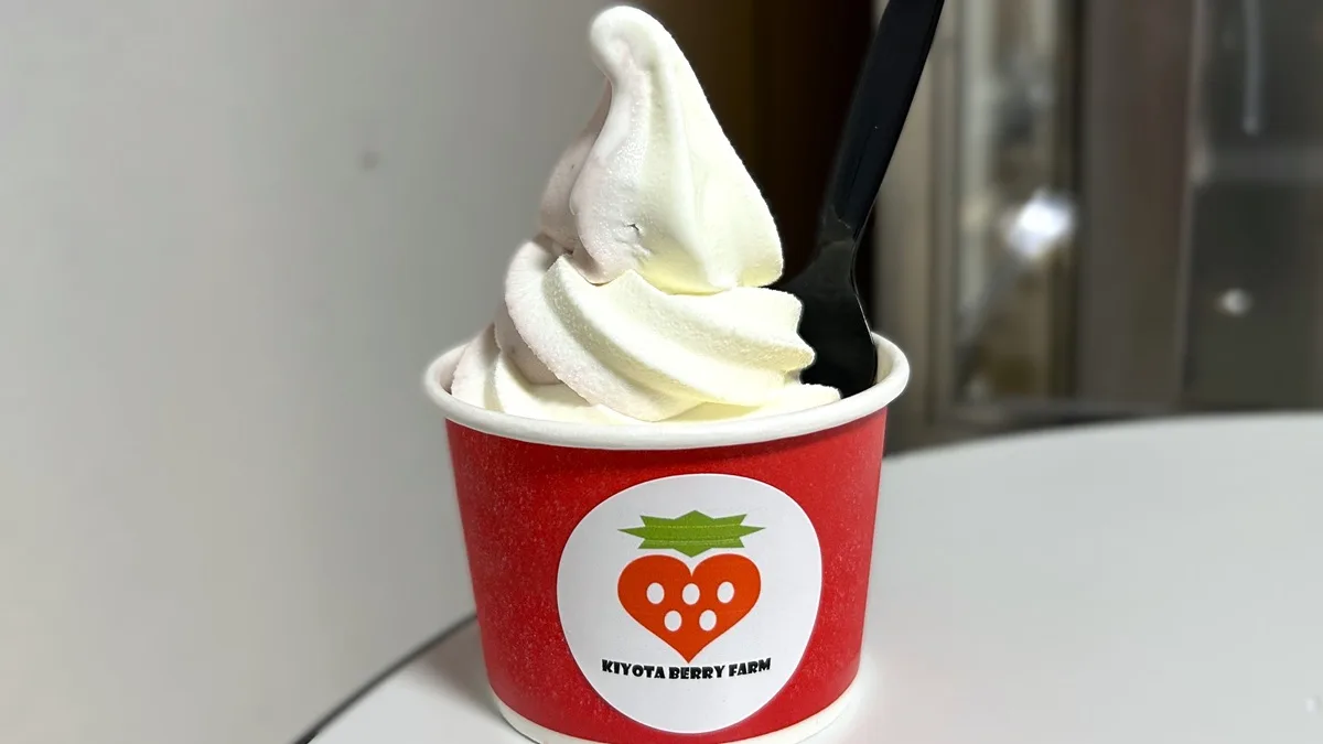 きよたベリーファームは、北海道産「豊富牛乳」を使用した自家製ソフトクリームを提供。味はミルク・ミックス・いちごの3種類から選べます。特定原材料は乳成分。今回はミックスを注文。イチゴとミルクが混ざり合った贅沢でクリーミーな味わいでした。
